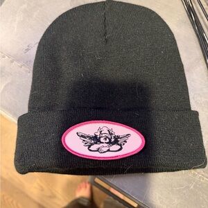 Boys Lie Black Beanie with Pink Cherub Patch